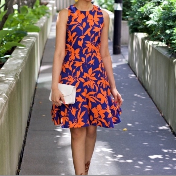 J. CREW Blue and Orange Floral Flare Dress - Picture 1 of 9